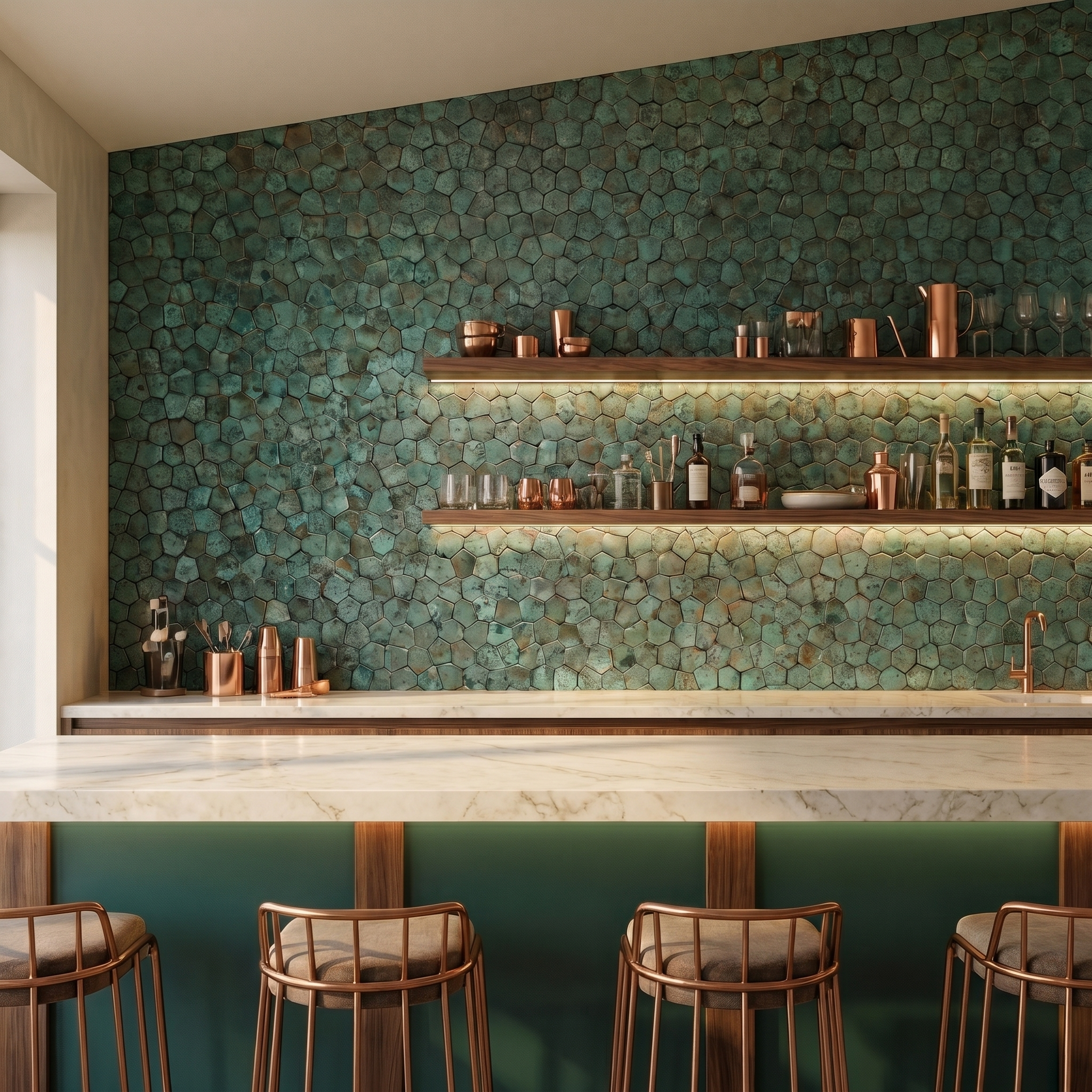 Peel and Stick Backsplash | Pentagon 3D Patina Copper | 11.1×11.1"