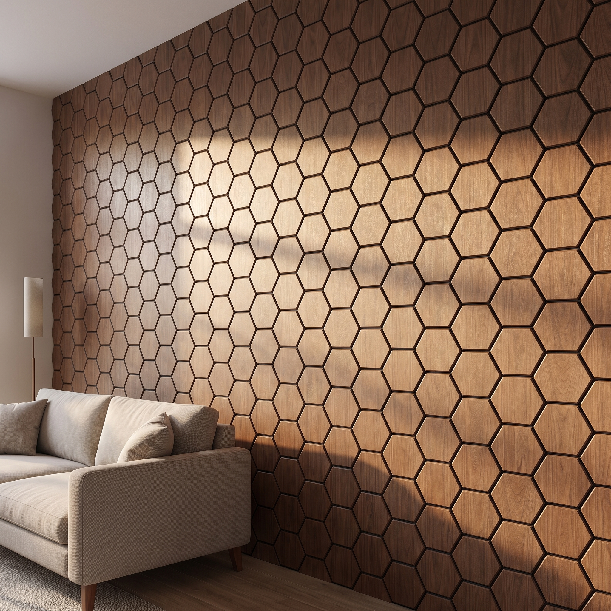 Hexagon walnut wall panel side view showing 3D depth