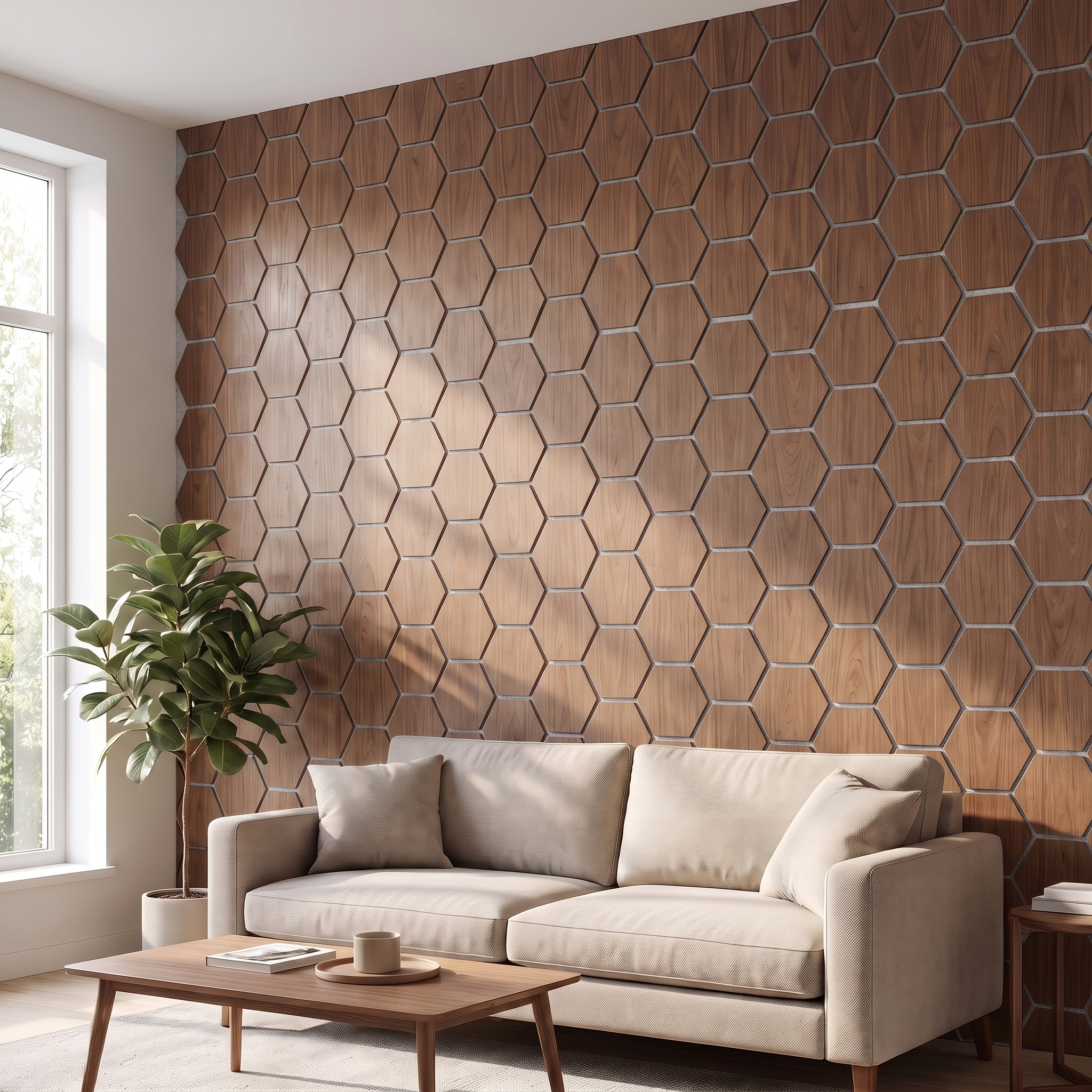 Hexagon walnut with gray felt acoustic wall panel in a living room