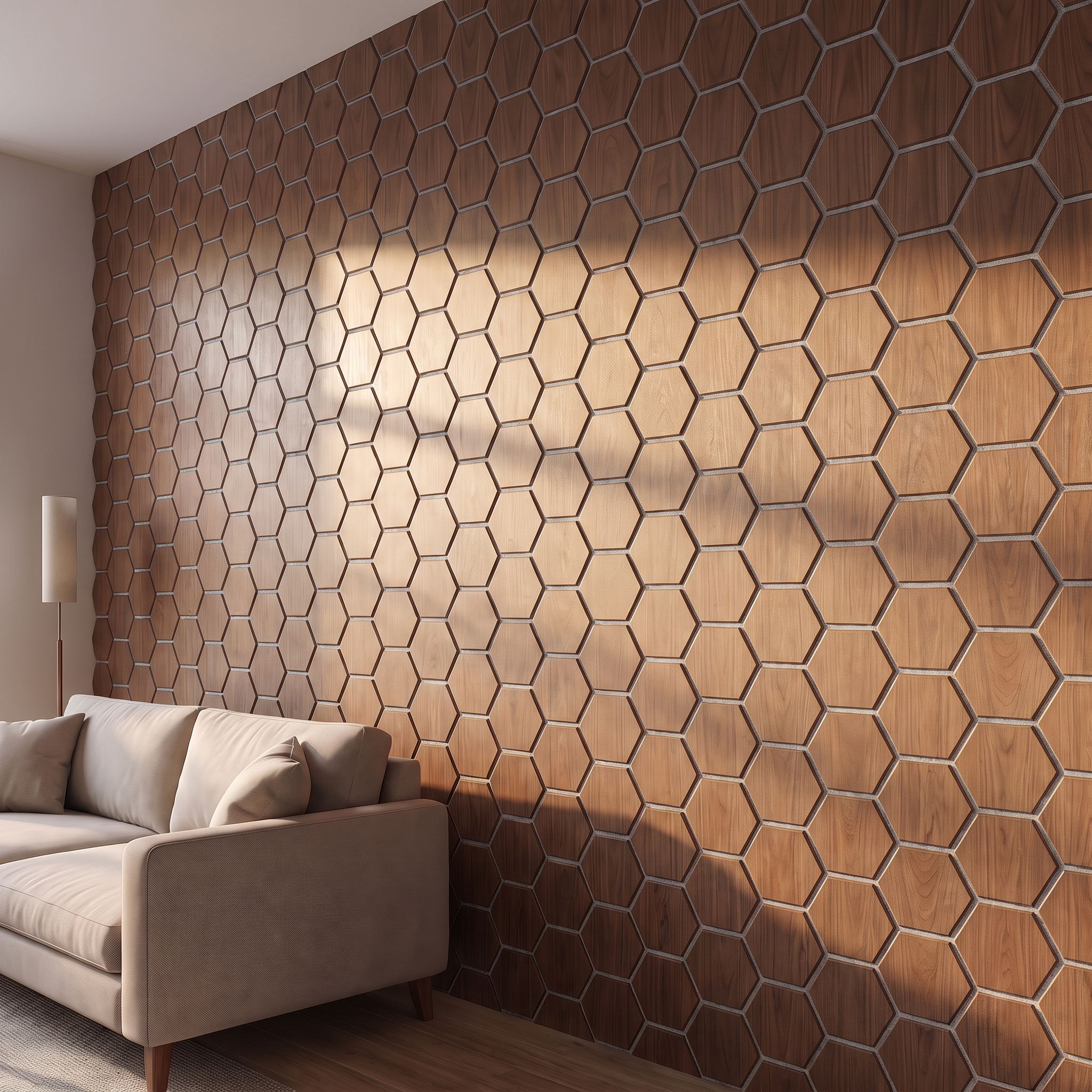 Hexagon walnut with gray felt wall panel side view