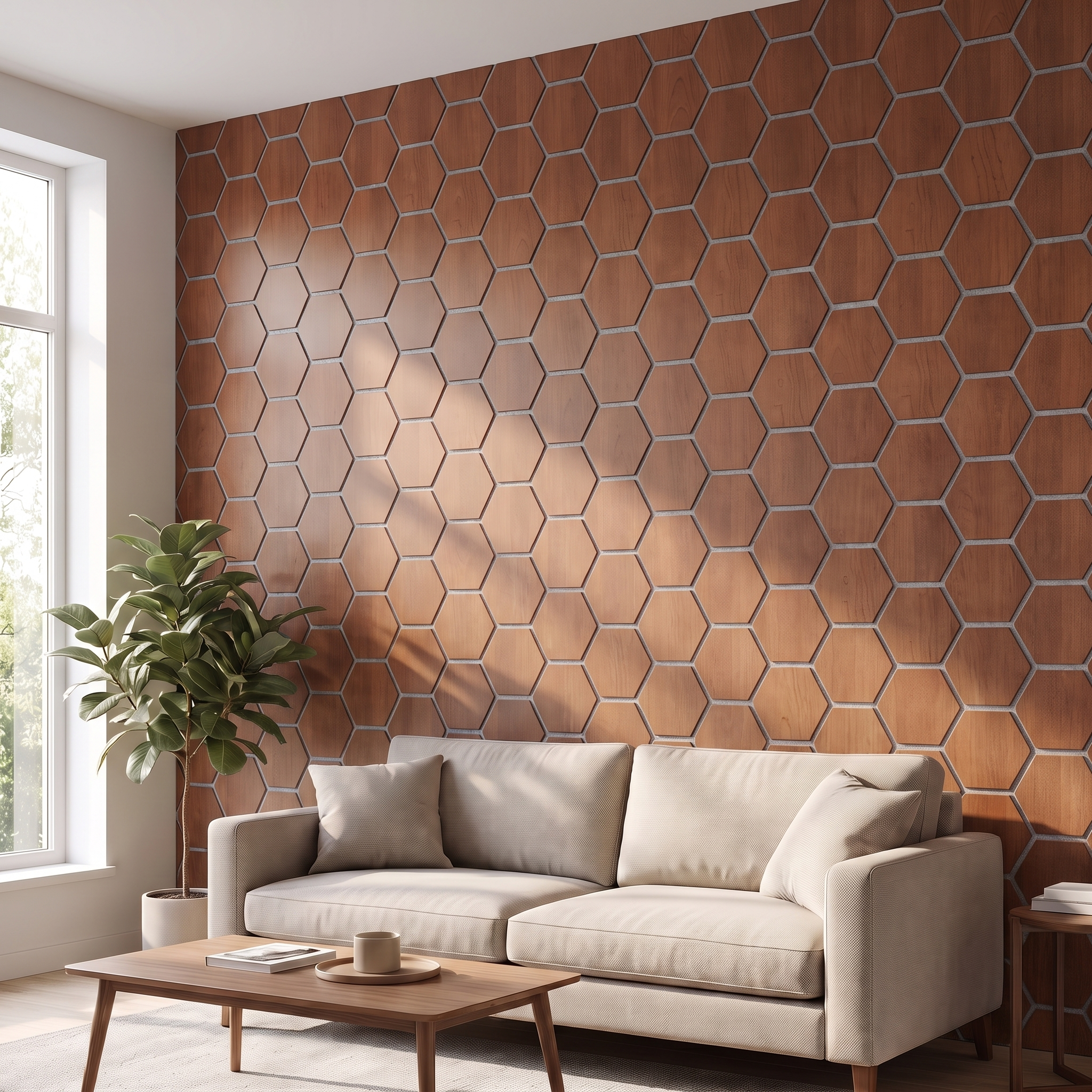 Hexagon Acoustic Panel | Smoked Oak with Gray Felt 32 Inch (4 Panels p