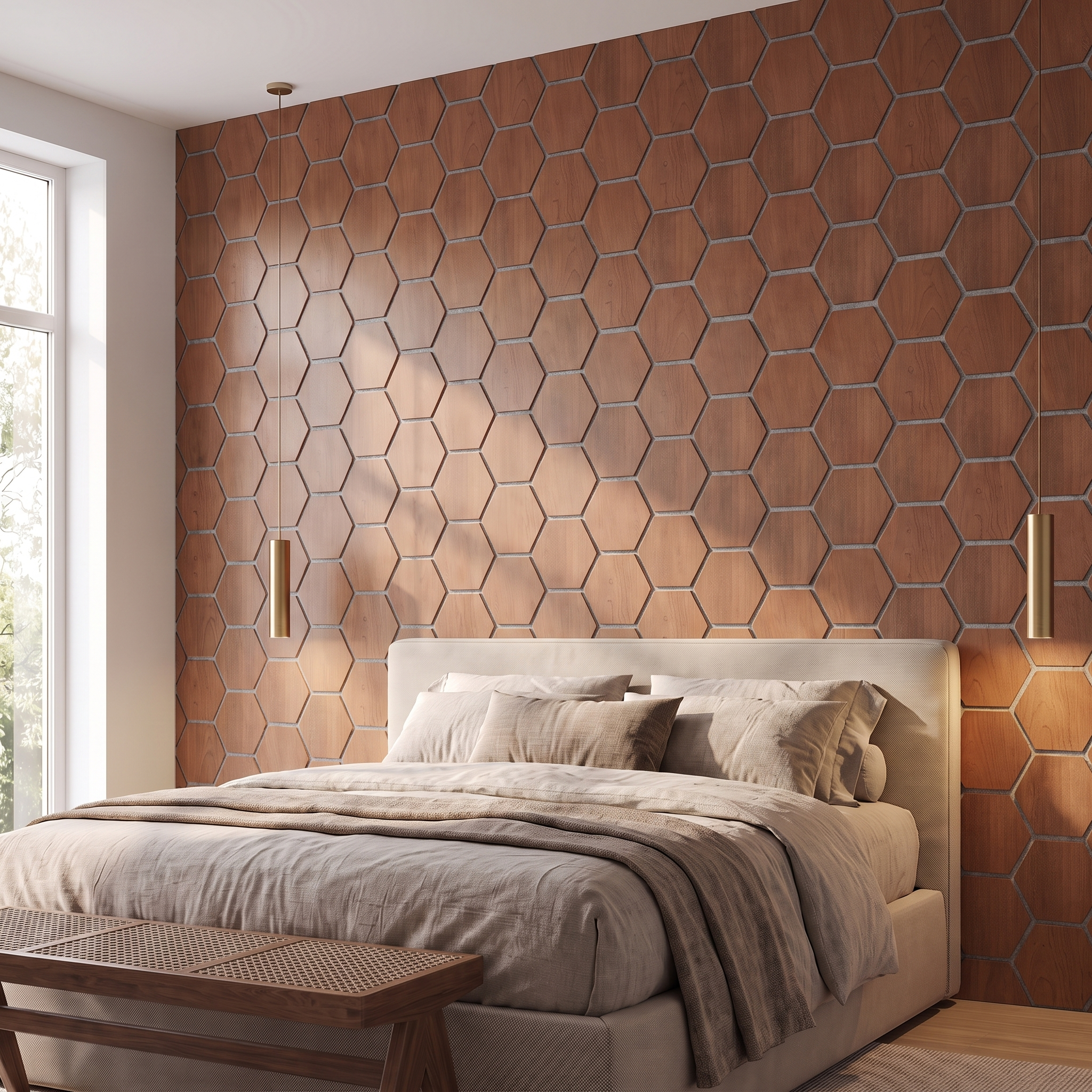 Hexagon smoked oak with gray felt wall panel behind the bed in a bedroom