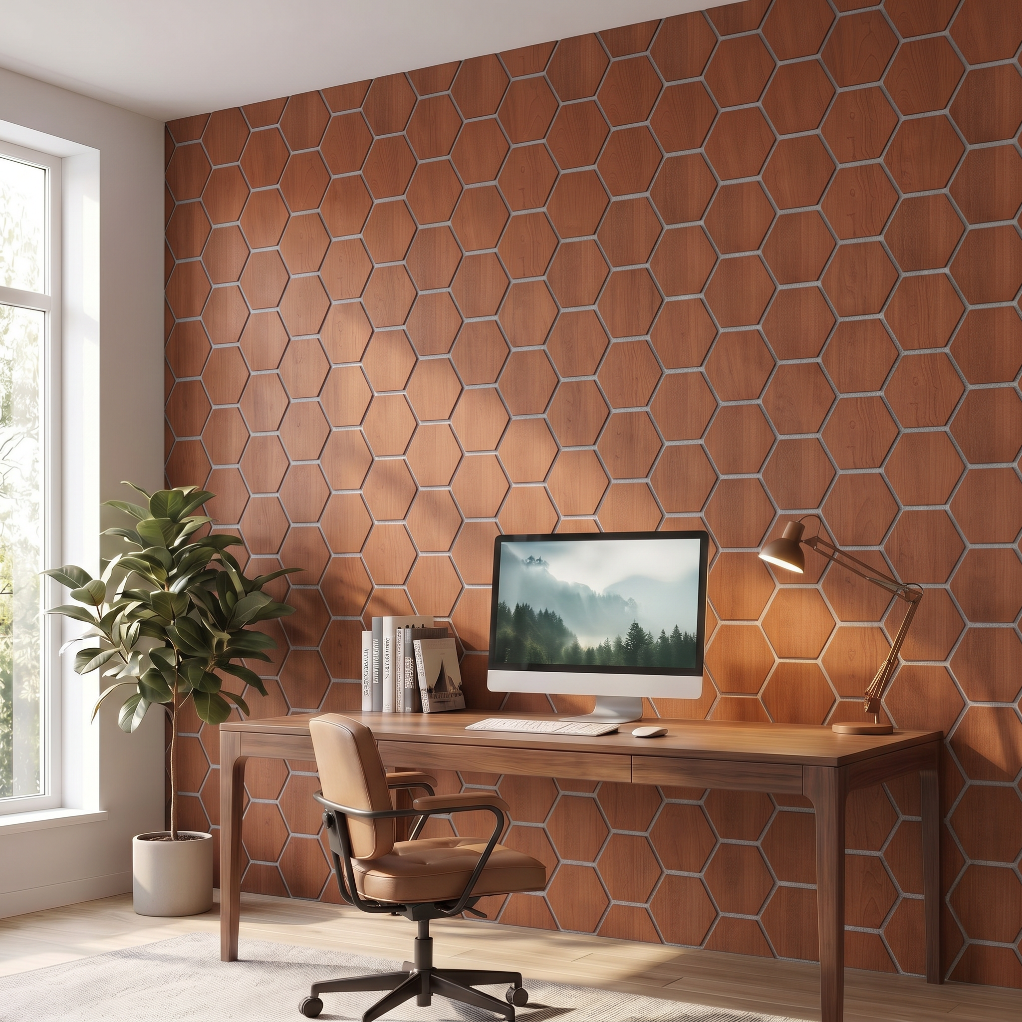 Hexagon smoked oak with gray felt wall panel in a home office