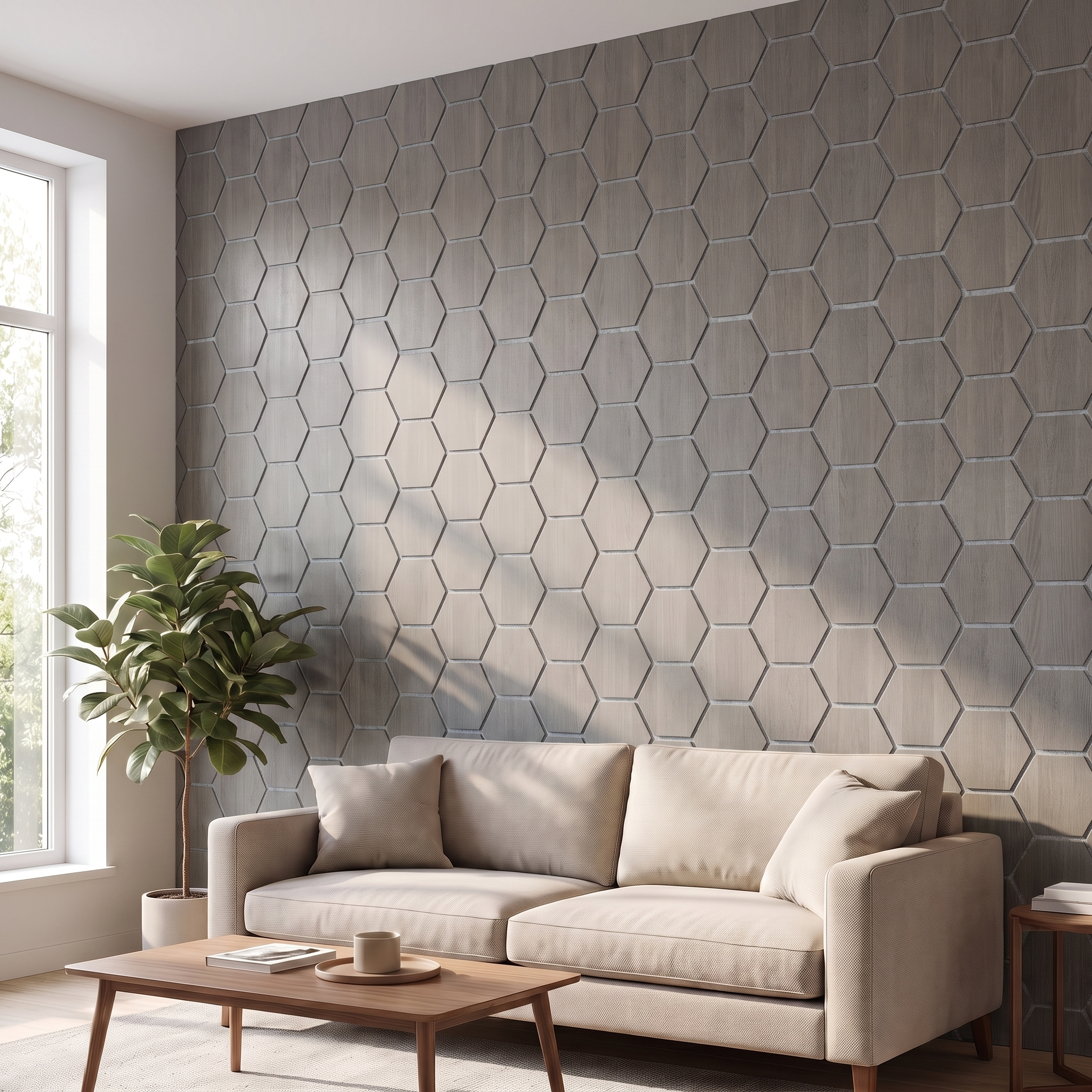 Hexagon gray walnut with gray felt wall panel in a living room
