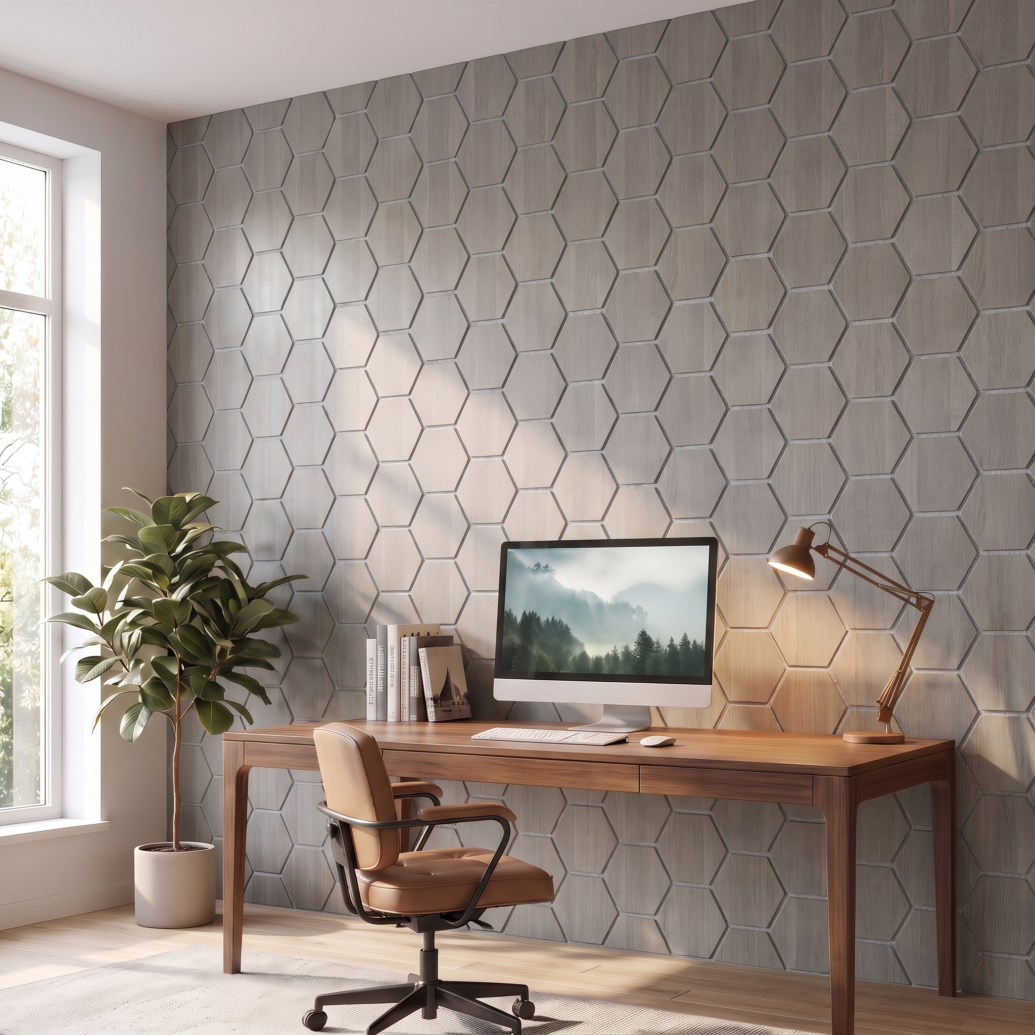 Hexagon gray walnut with gray felt wall panel in a home office