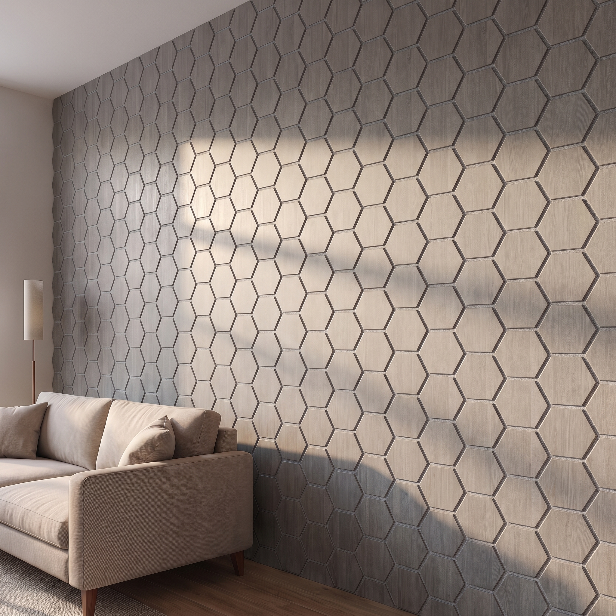 Hexagon gray walnut with gray felt wall panel side view