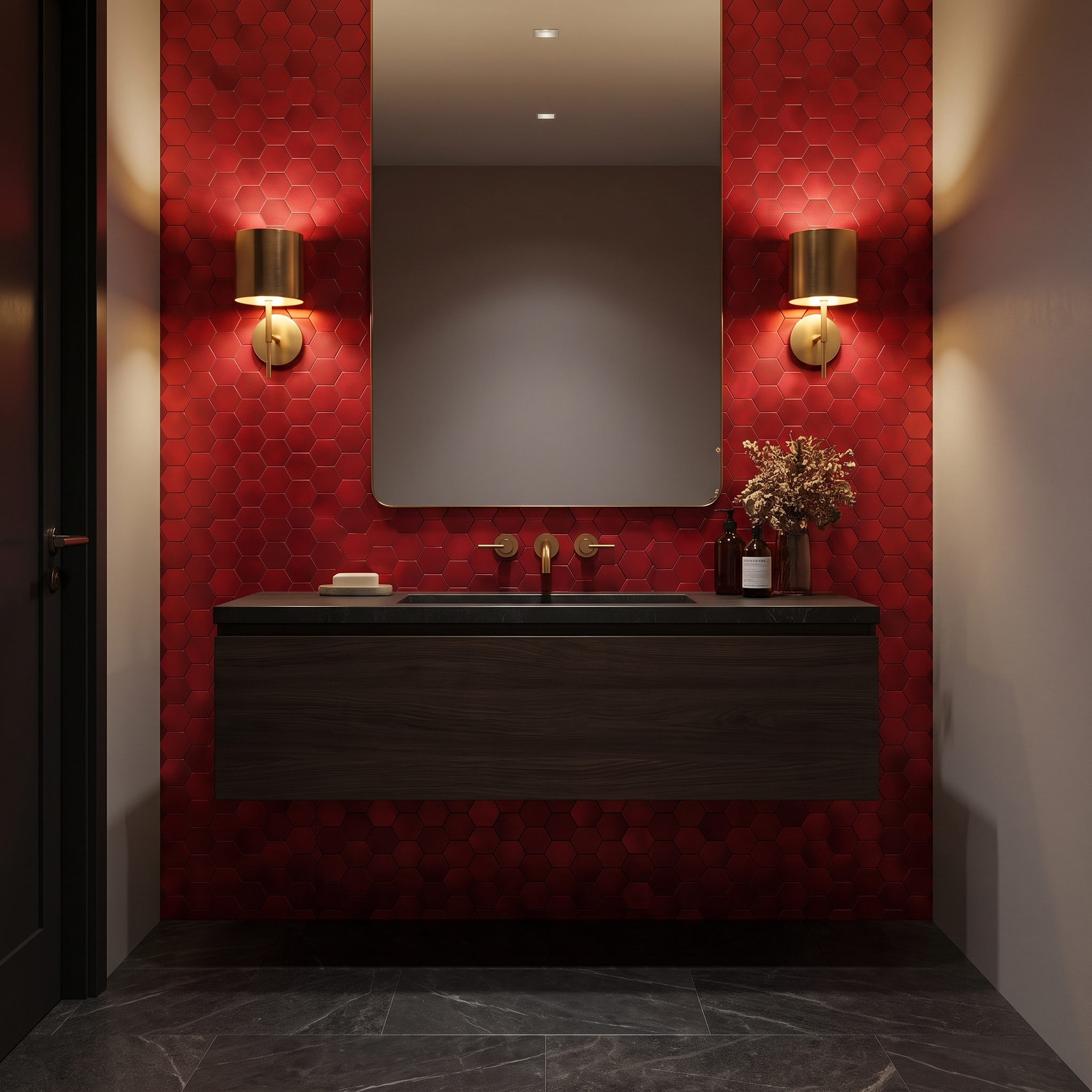 Red hexagon peel and stick metal mosaic backsplash in a powder room