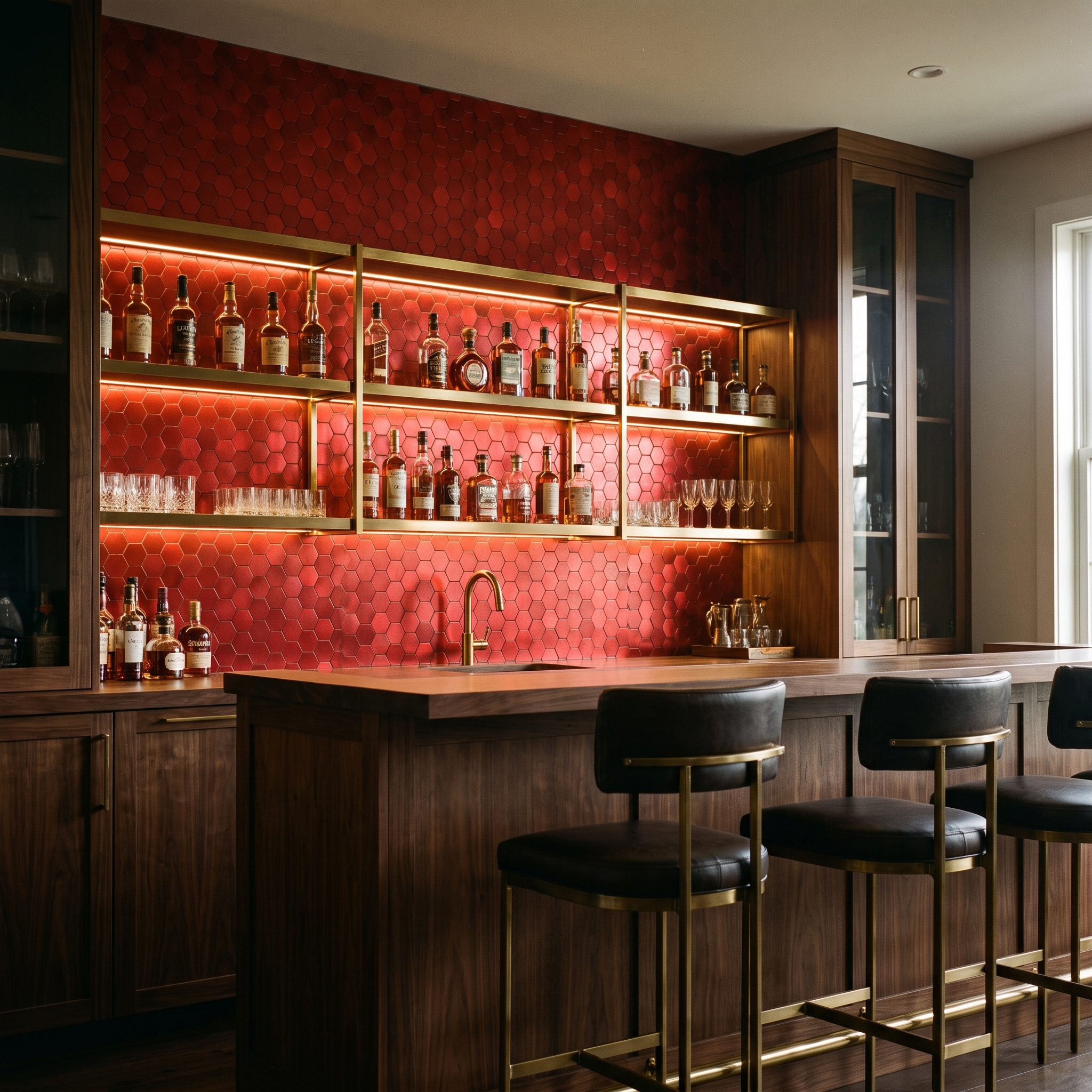 Red hexagon peel and stick metal mosaic on a home bar wall