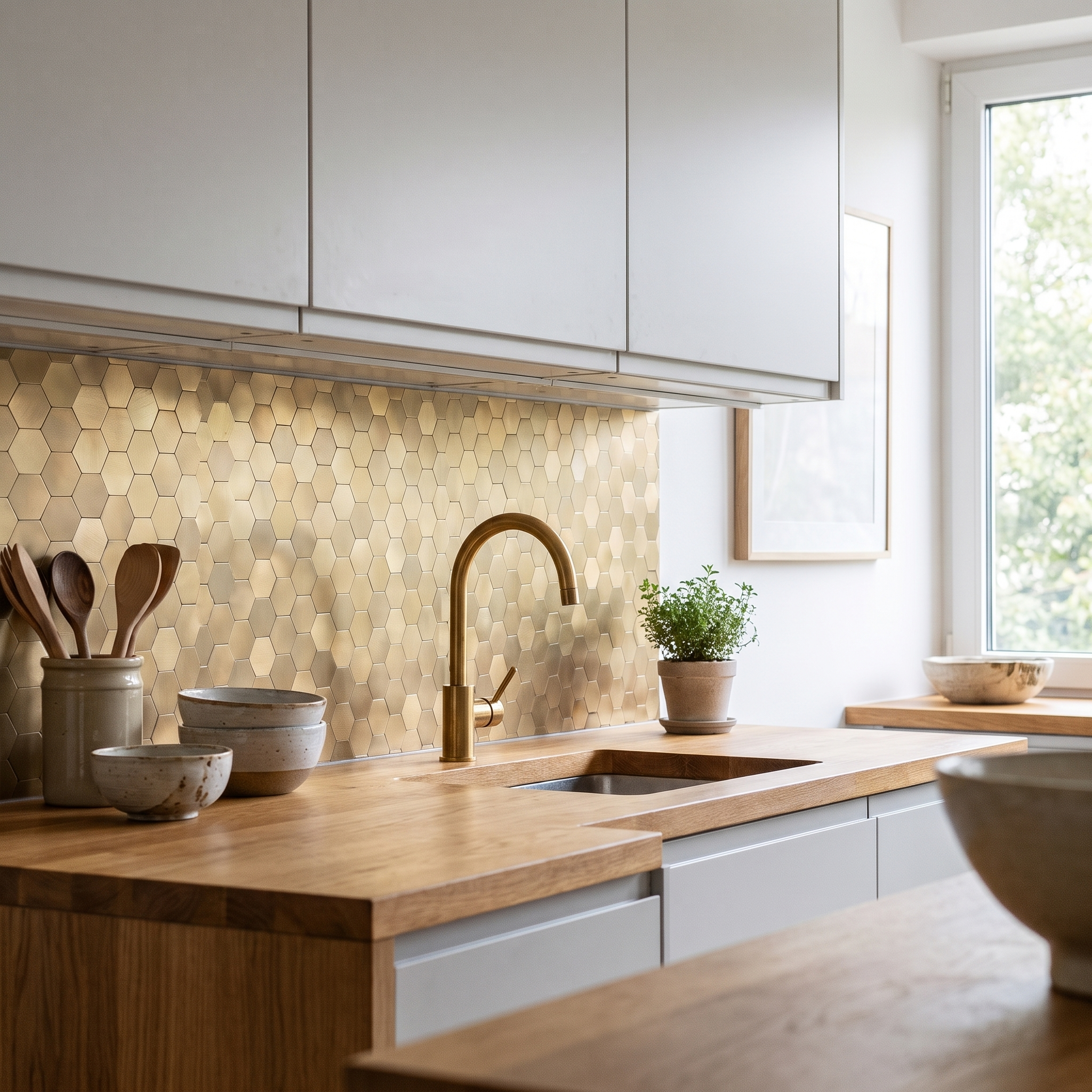 Gold hexagon peel and stick metal mosaic kitchen backsplash
