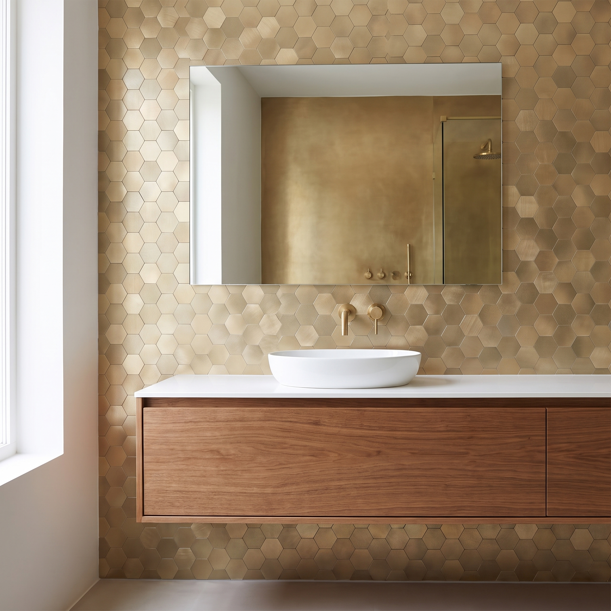 Gold hexagon peel and stick metal mosaic bathroom wall