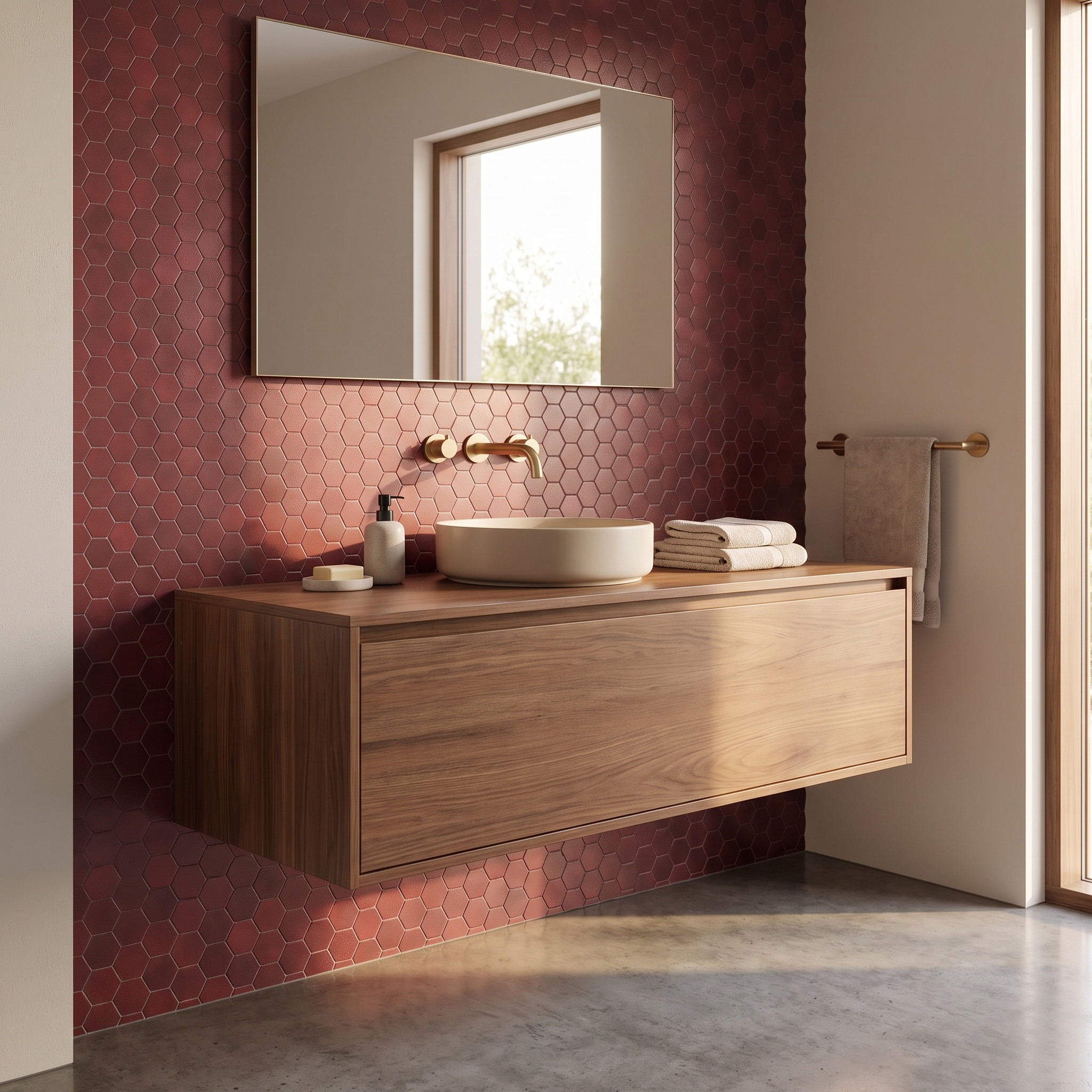 Burgundy hexagon peel and stick metal mosaic bathroom wall