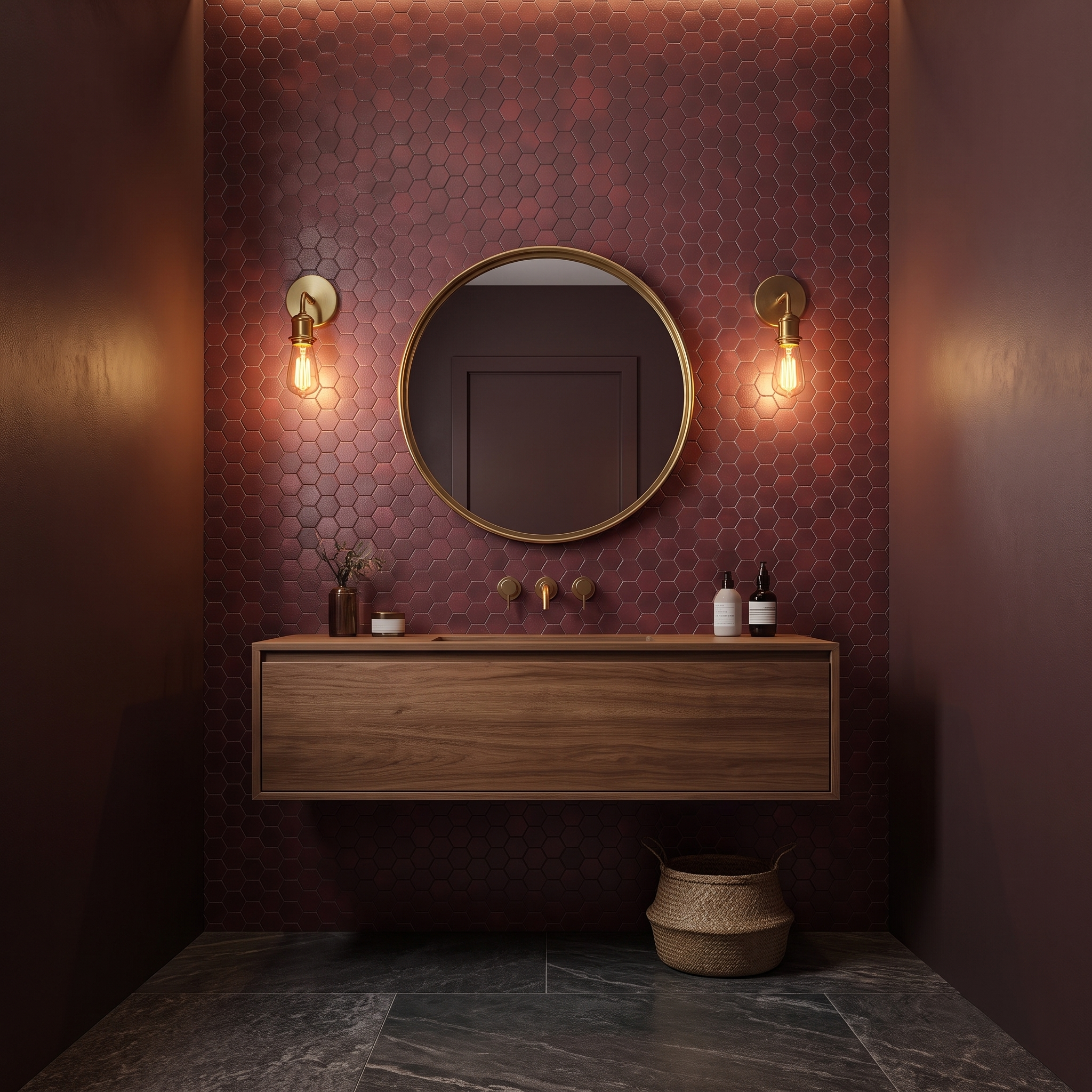 Burgundy hexagon peel and stick metal mosaic powder room wall