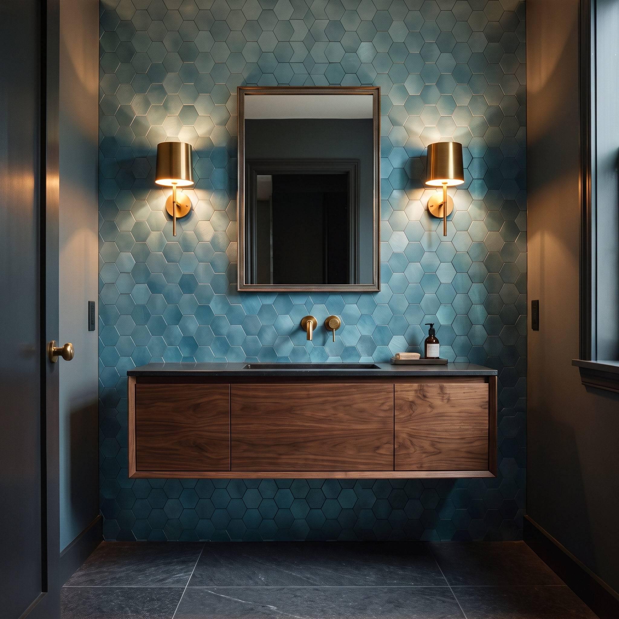Blue hexagon peel and stick metal mosaic powder room wall
