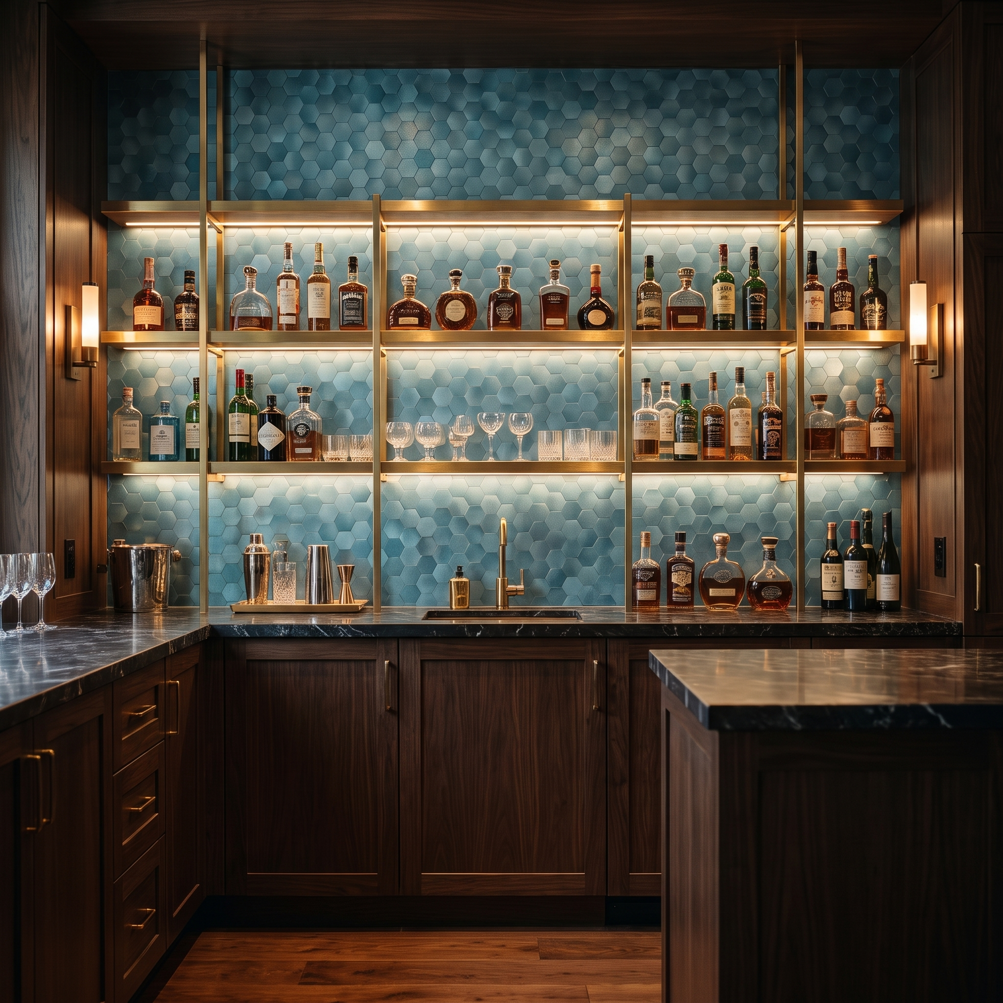 Blue hexagon peel and stick metal mosaic home bar wall